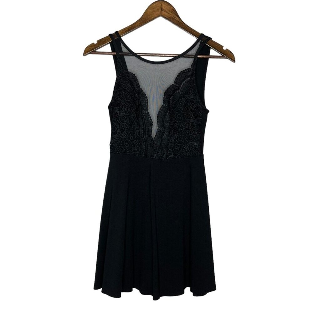 Lulus Women's Black I Promise Mini Skater Dress Lace Mesh Detail Size Small
